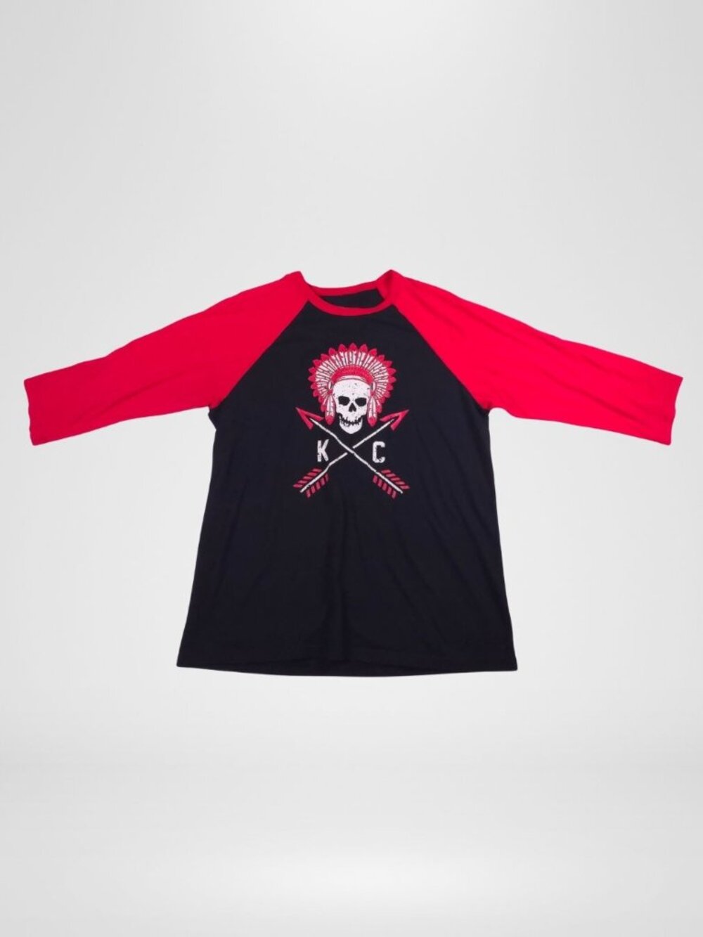 KC Chiefs Women XL Raglan Skull Graphic Red Black 3/4 Sleeve Baseball style Tee
